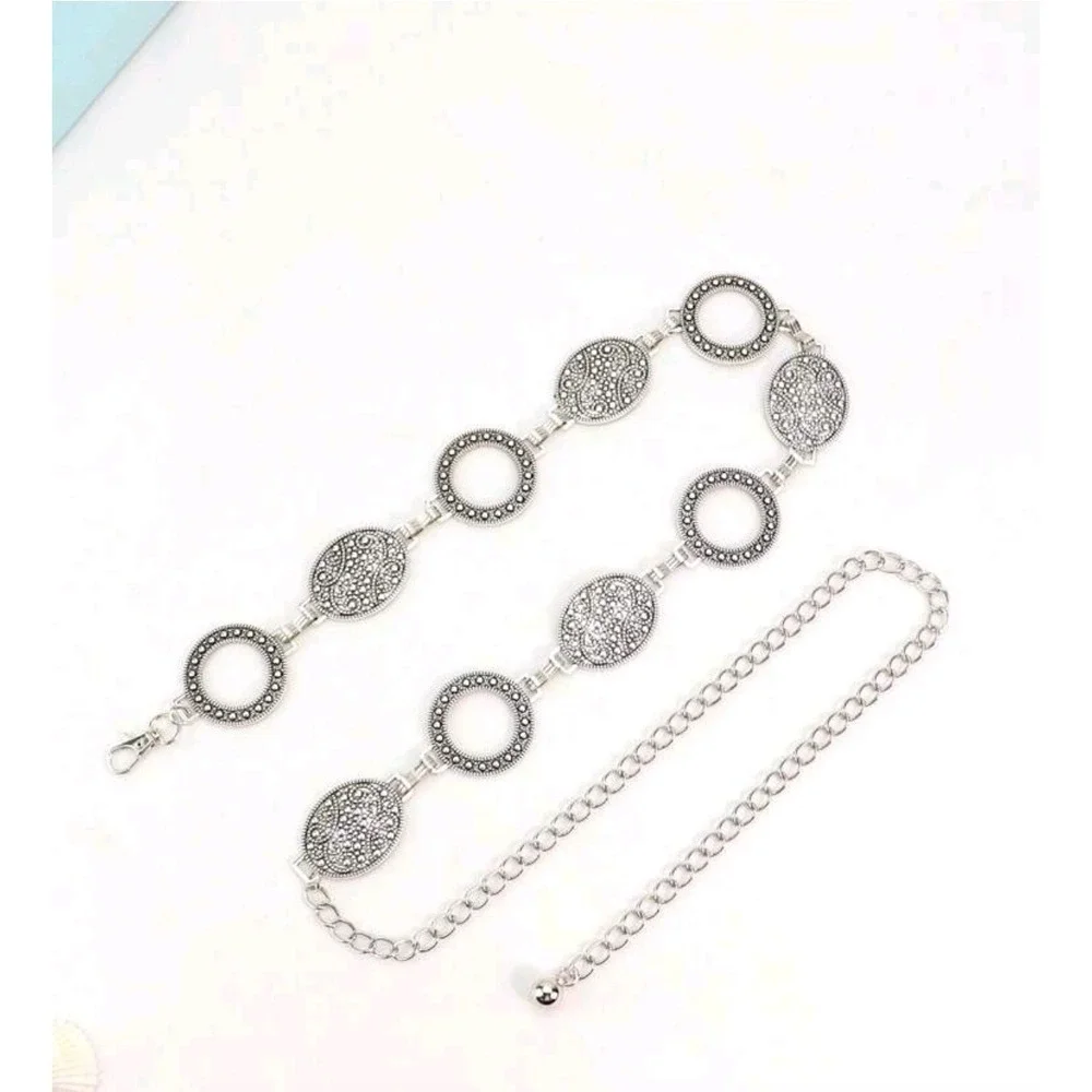 Womens Silver Tone Chain Belt Circle Oval Medallion Boho Style Accessory 40 inch